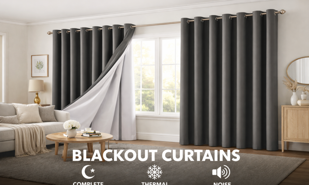 Stylish living room with blackout curtains