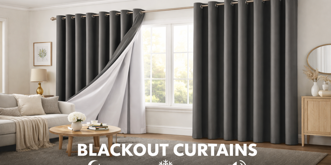 Stylish living room with blackout curtains