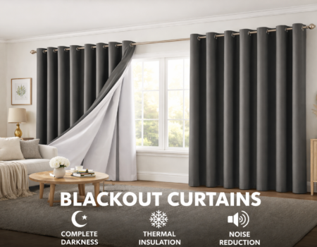 Stylish living room with blackout curtains