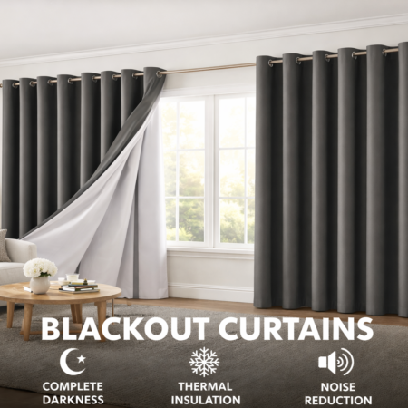 Stylish living room with blackout curtains