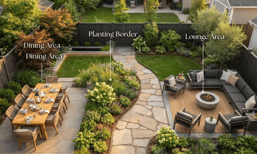 Overhead diagram showing a backyard divided into dining, lounge, and planting zones