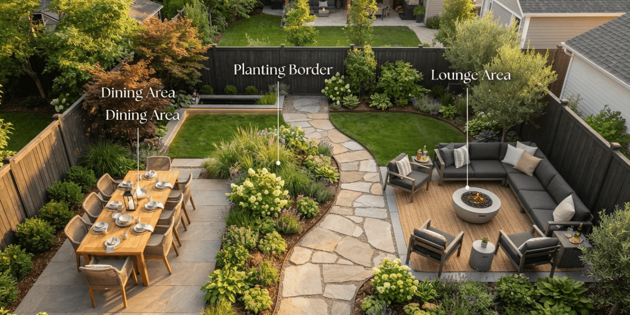 Overhead diagram showing a backyard divided into dining, lounge, and planting zones