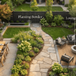 Overhead diagram showing a backyard divided into dining, lounge, and planting zones
