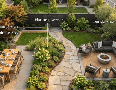 Overhead diagram showing a backyard divided into dining, lounge, and planting zones