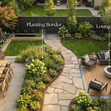 Overhead diagram showing a backyard divided into dining, lounge, and planting zones