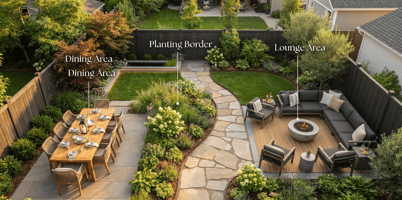 Overhead diagram showing a backyard divided into dining, lounge, and planting zones ,backyard design tips
