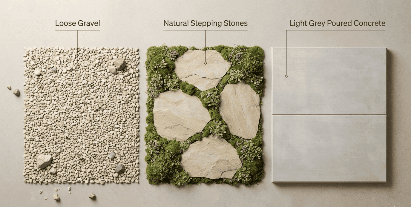  Comparison of gravel, stepping stone, and concrete garden path materials,backyard design tips