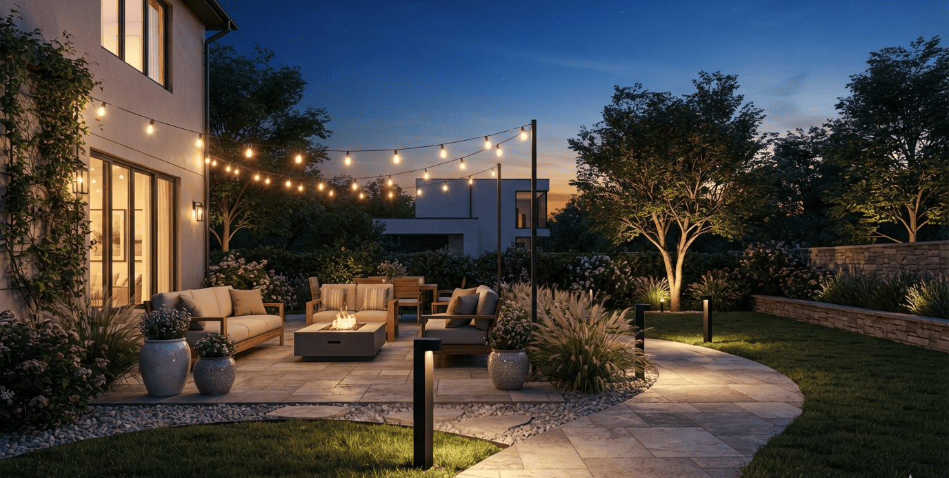Backyard patio at dusk with layered ambient, task, and accent lighting,backyard design tips