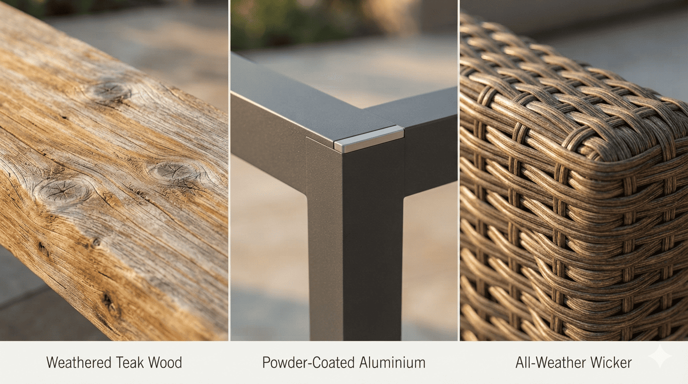 Close-up of teak, aluminium, and wicker outdoor furniture materials,backyard design tips