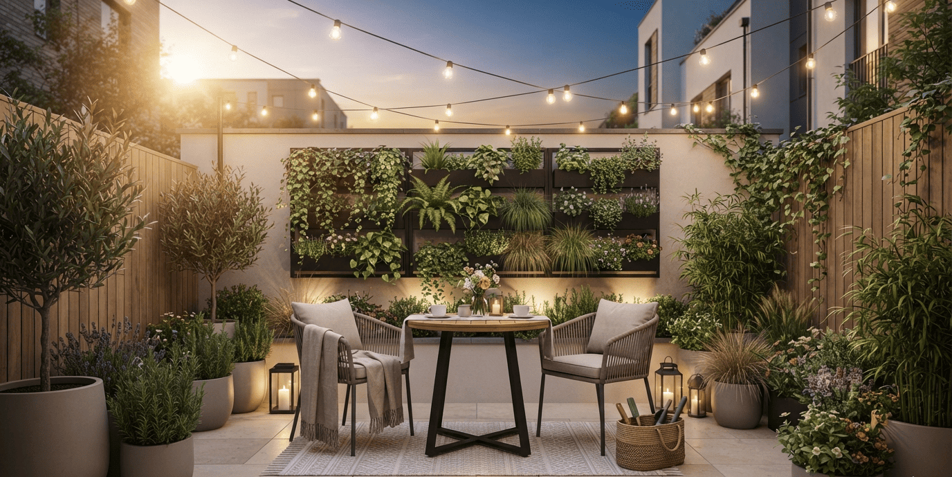 Small backyard patio with compact bistro set and vertical planting,backyard design tips