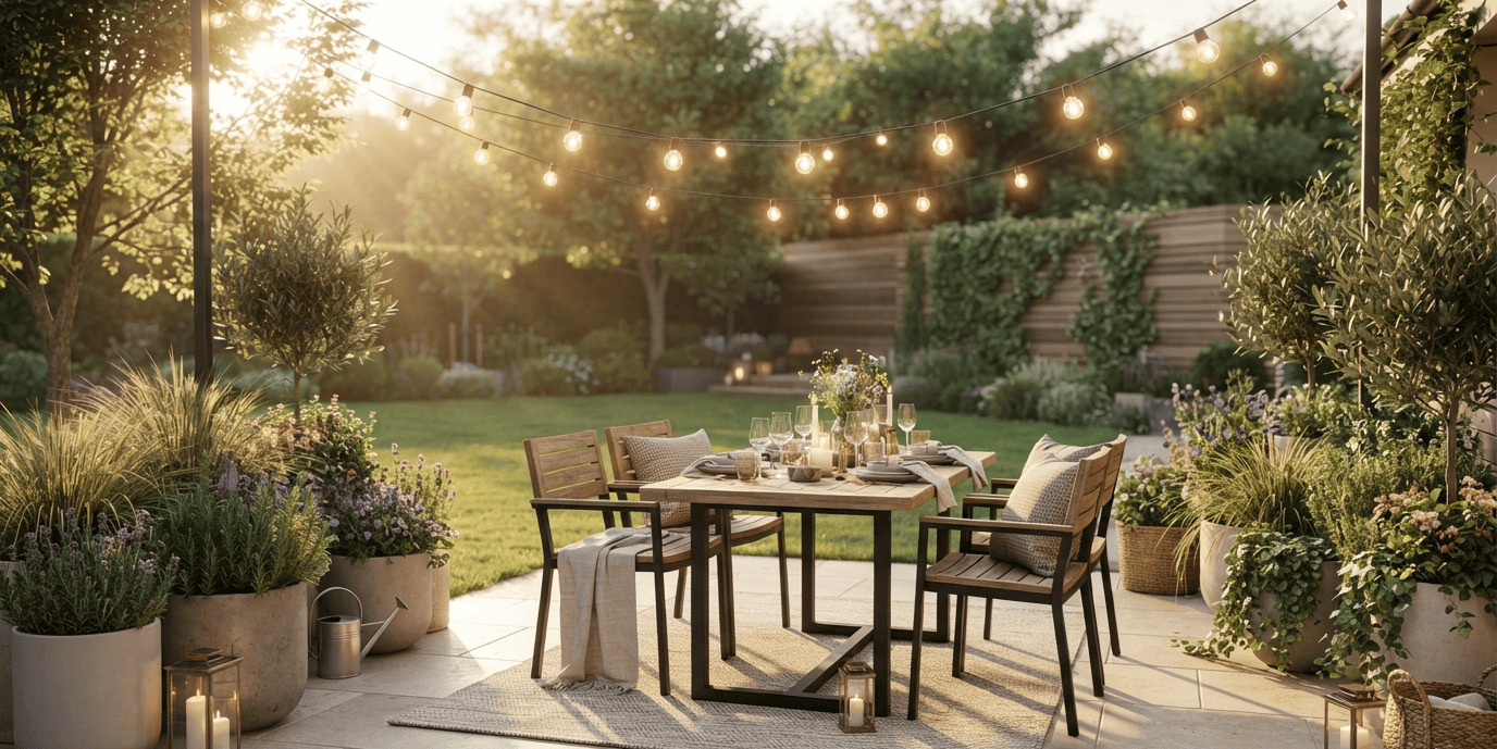 Fully styled cozy backyard patio with furniture, lighting, and container planting,backyard design tips