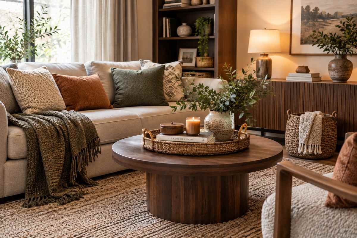 Living room with textured pillows, rug, and cozy decor