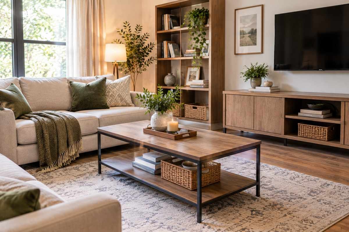 Organized living room with stylish storage and clean decor