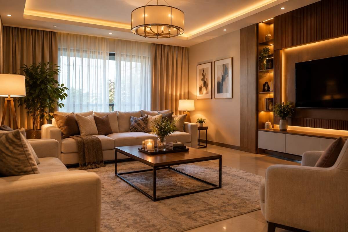 Elegant living room with layered warm lighting