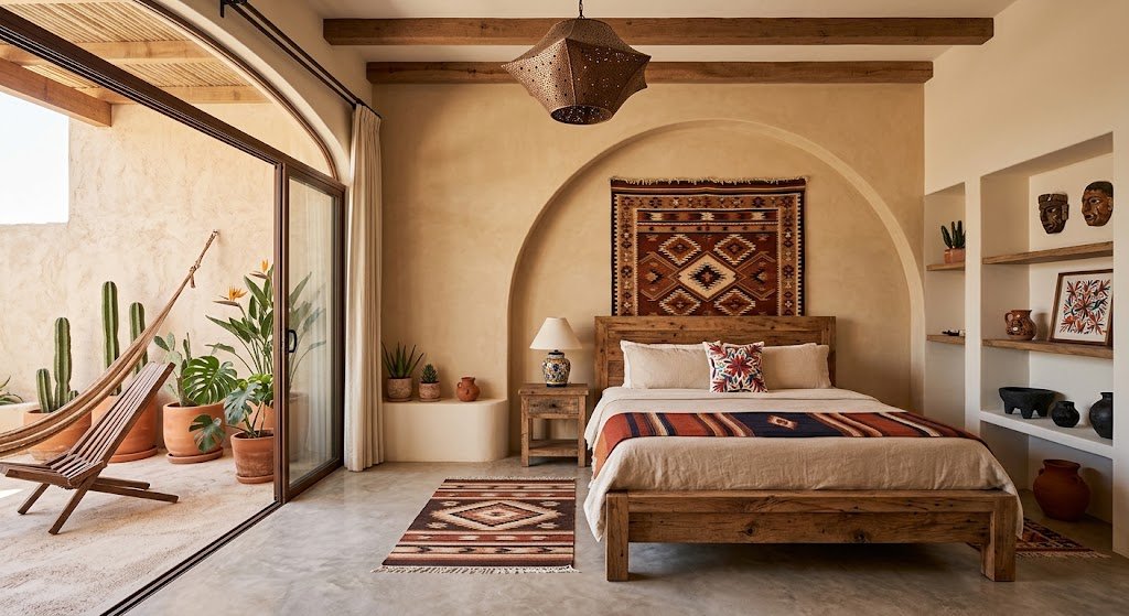 Calm Mexican-inspired bedroom with linen bedding, rattan headboard, and terracotta tones