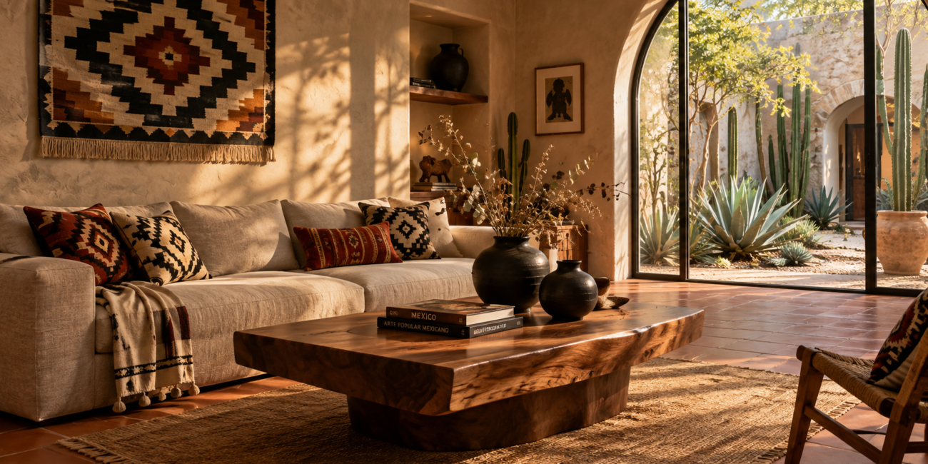 Contemporary Mexican interior design living room with textured plaster walls, handwoven rug, and clay pottery