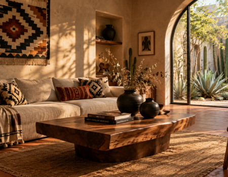 Contemporary Mexican interior design living room with textured plaster walls, handwoven rug, and clay pottery