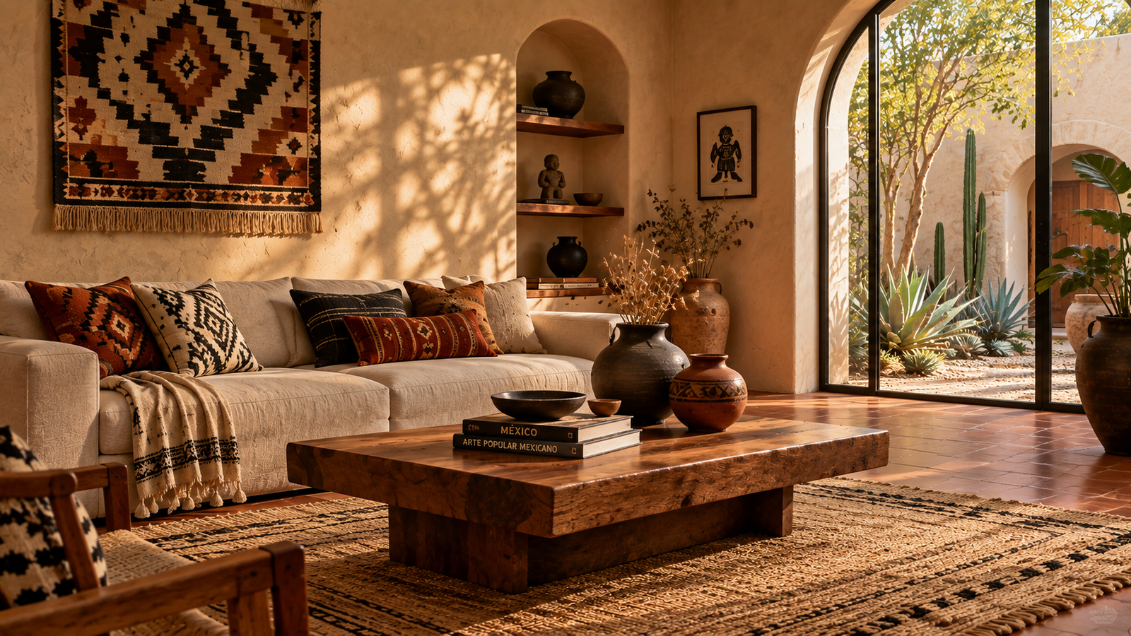 Contemporary Mexican interior design living room with textured plaster walls, handwoven rug, and clay pottery