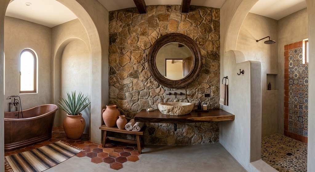 Spa-style Mexican bathroom with microcement walls and terracotta sink