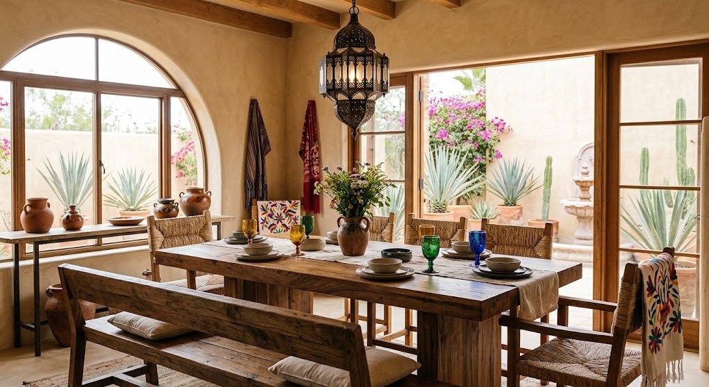 Rustic wood dining table with hand-blown glassware and wrought iron pendant light