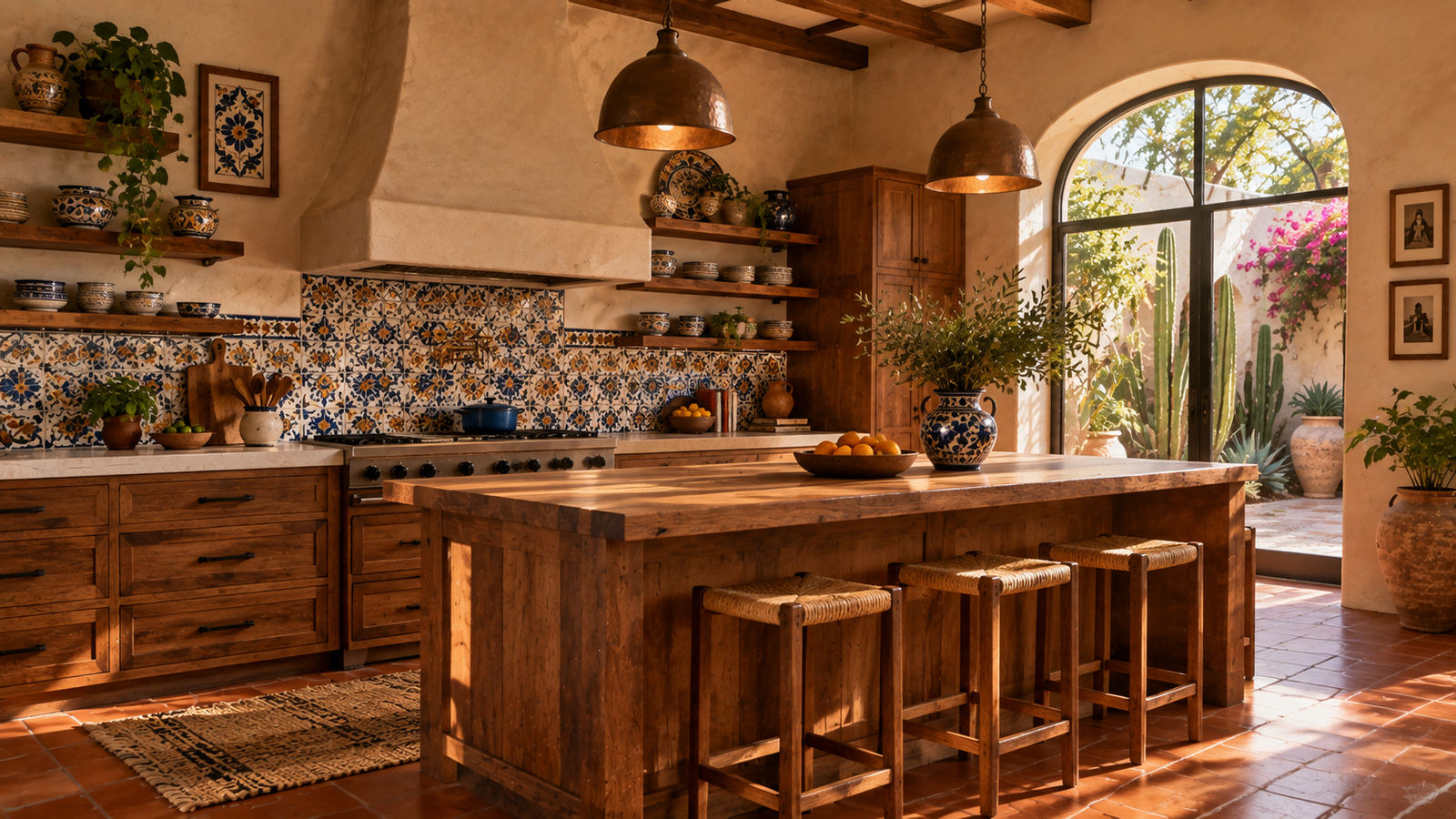 Mexican kitchen with hand-painted Talavera tile backsplash and open wooden shelving